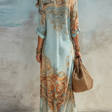 Baroque Style Floral Blue Maxi Dress