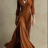 ELOWENNA | ELEGANT BUTTON-FRONT COLLAR DRESS WITH 7/8 SLEEVE