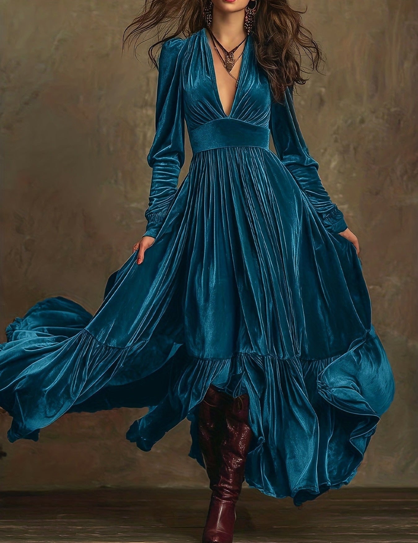 SERAFINA | RETRO OVERSIZED SKIRT LONG DRESS WITH DEEP V-NECK