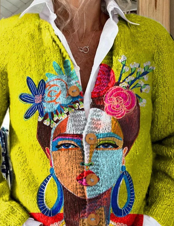 ONA | OIL PAINTING FREDA PORTRAIT ART PRINTED BUTTONED CARDIGAN