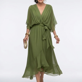 Elysia | V Neck Draped Waist Tie Midi Dress