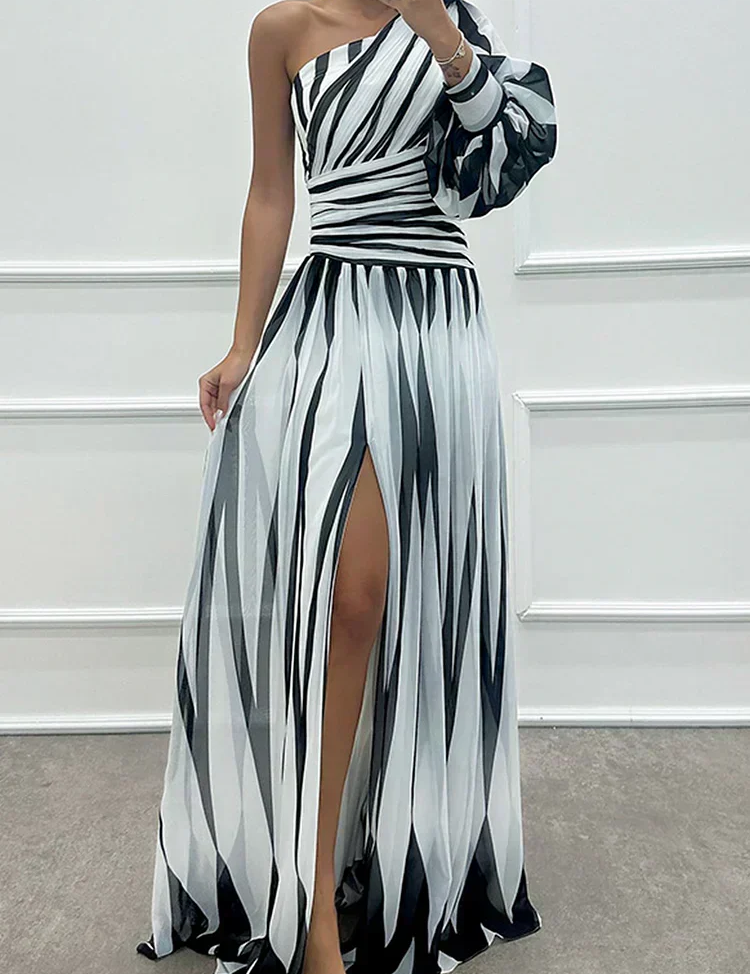 AURORA | ELEGANT STRIPED DRESS WITH ONE SHOULDER