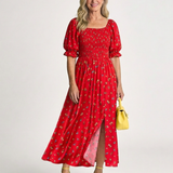 Delphine | Square Neck Floral Puff Sleeve Midi Dress