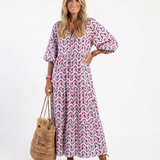 Mireya | Geometric Print Long Sleeve Tiered Midi Dress