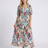 Eulalie | V Neck Short Sleeve Gathered Waist Midi Dress