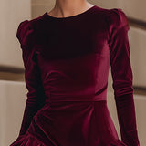 AURELIA | BURGUNDY VELVET RUFFLE DRESS