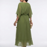 Elysia | V Neck Draped Waist Tie Midi Dress