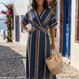 Saphira | V Neck Short Sleeve Striped Wrap Midi Dress