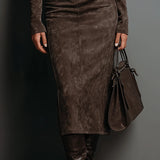 Seraphina | High Neck Long Sleeve Suede Midi Dress