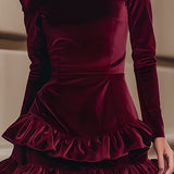 AURELIA | BURGUNDY VELVET RUFFLE DRESS