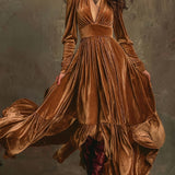 SERAFINA | RETRO OVERSIZED SKIRT LONG DRESS WITH DEEP V-NECK