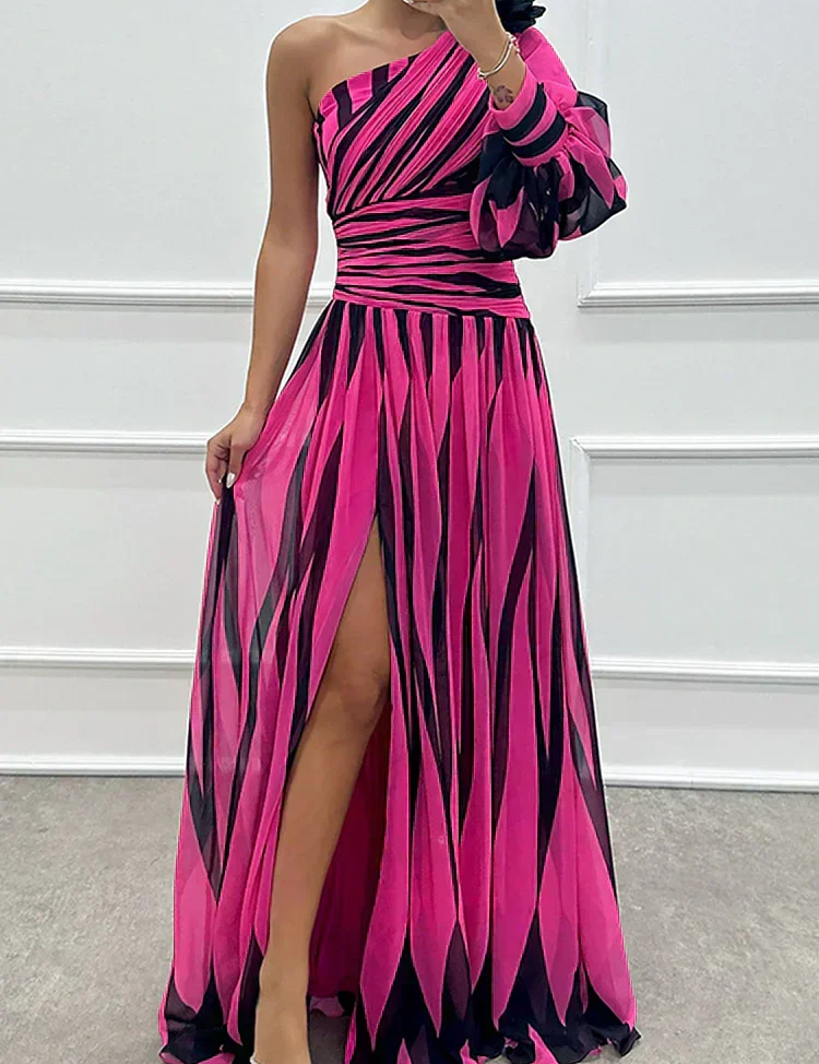 AURORA | ELEGANT STRIPED DRESS WITH ONE SHOULDER