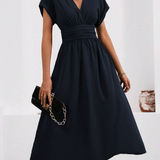 LUCYNDRA | V-NECK PLEATED WAIST MIDI DRESS