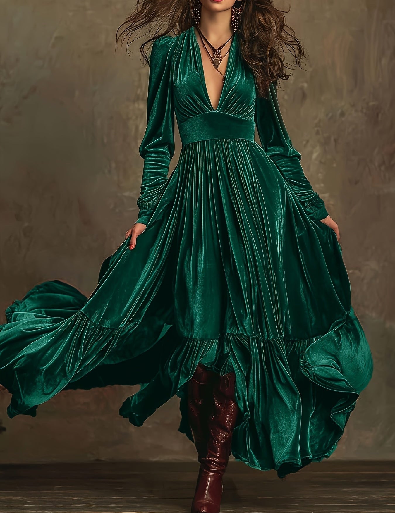 SERAFINA | RETRO OVERSIZED SKIRT LONG DRESS WITH DEEP V-NECK