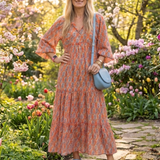 Amara | Geometric Print V Neck Tiered Midi Dress