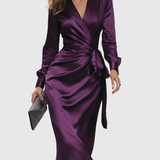 CERELIA | DEEP PLUM SATIN WRAP MIDI DRESS