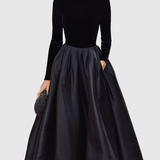 ARADIA | ELEGANT BLACK VELVET AND SATIN MIDI DRESS