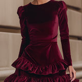 AURELIA | BURGUNDY VELVET RUFFLE DRESS