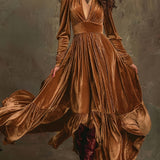 SERAFINA | RETRO OVERSIZED SKIRT LONG DRESS WITH DEEP V-NECK