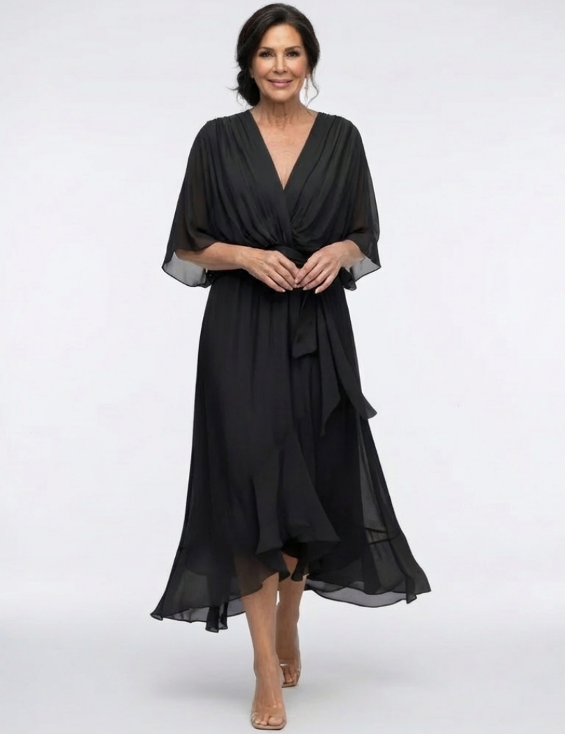 Elysia | V Neck Draped Waist Tie Midi Dress