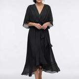 Elysia | V Neck Draped Waist Tie Midi Dress