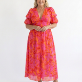 Willow | Floral V Neck Puff Sleeve Midi Dress