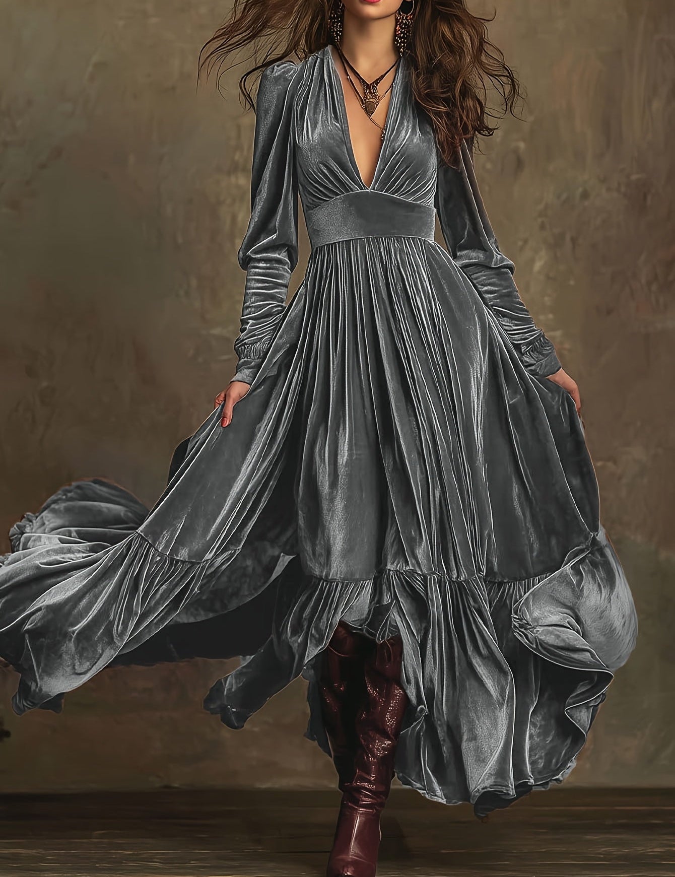 SERAFINA | RETRO OVERSIZED SKIRT LONG DRESS WITH DEEP V-NECK