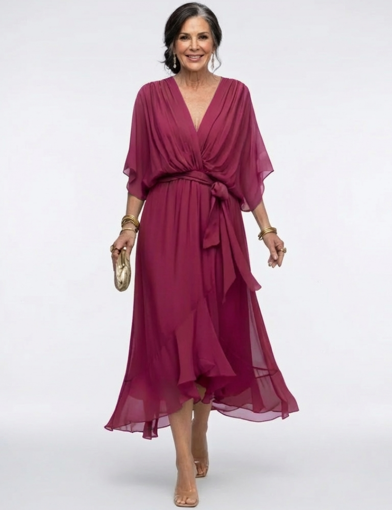 Elysia | V Neck Draped Waist Tie Midi Dress