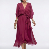 Elysia | V Neck Draped Waist Tie Midi Dress