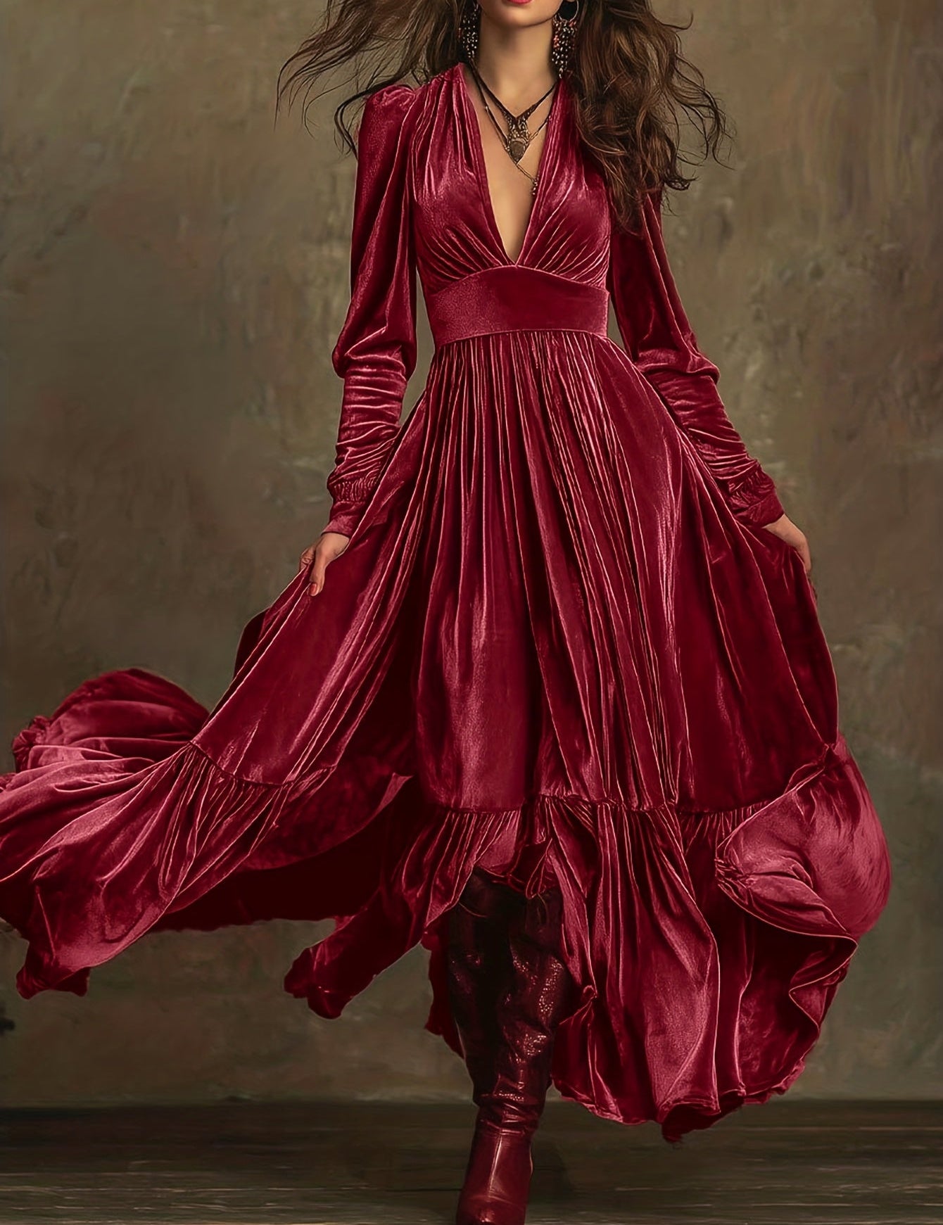 SERAFINA | RETRO OVERSIZED SKIRT LONG DRESS WITH DEEP V-NECK