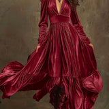 SERAFINA | RETRO OVERSIZED SKIRT LONG DRESS WITH DEEP V-NECK