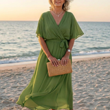 Elysia | V Neck Draped Waist Tie Midi Dress