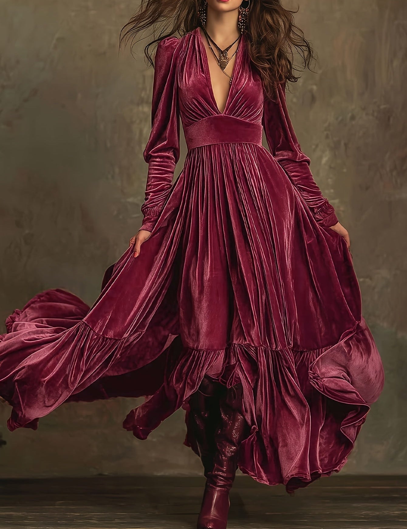 SERAFINA | RETRO OVERSIZED SKIRT LONG DRESS WITH DEEP V-NECK