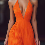 VESPERINA | V-NECK HALTER PLEAT MAXI DRESS