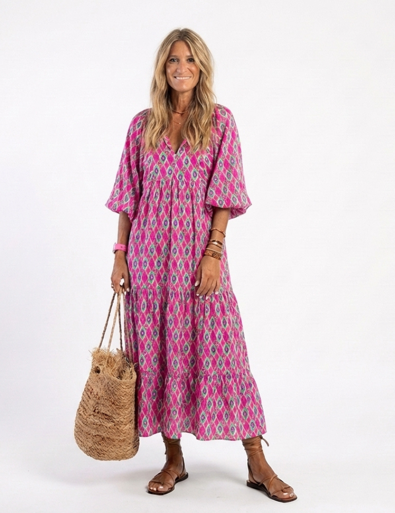 Apolline | Three Quarter Sleeve V Neck Patterned Midi Dress