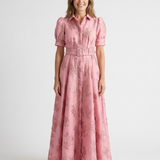 Xanthea | Short Sleeve Belted Floral Textured Maxi Shirt Dress