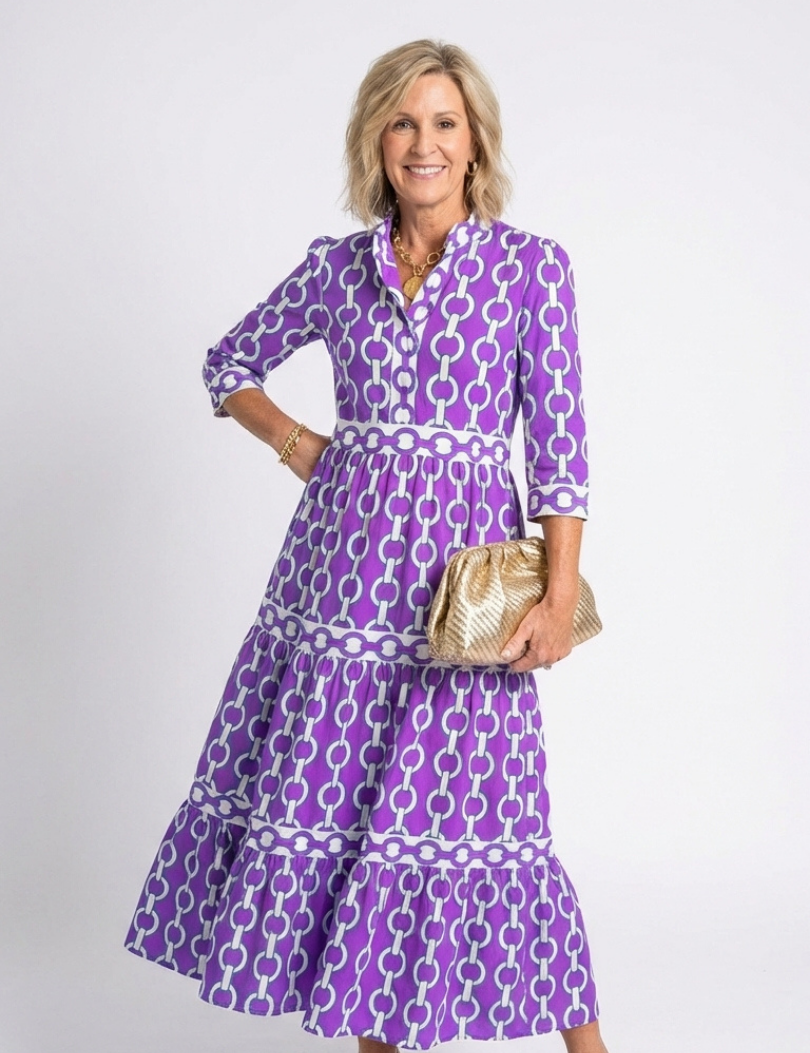Ysolde | Three Quarter Sleeve Chain Pattern Midi Dress