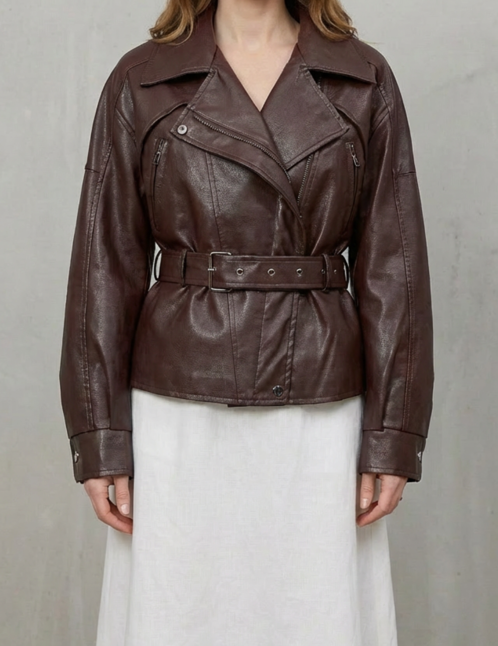 Mirella – Faux Leather Belted Blazer – Sculpted Modern Jacket