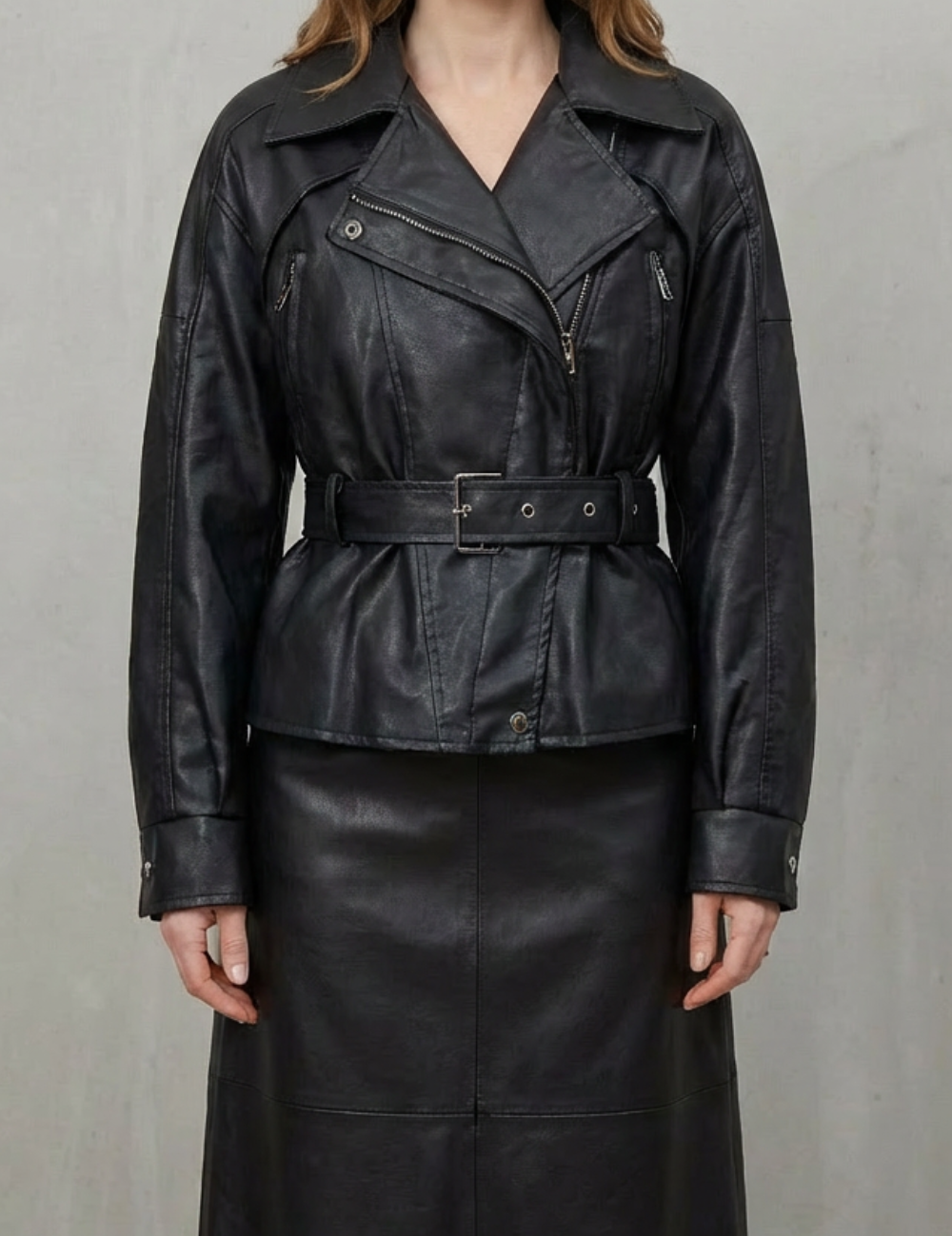 Mirella – Faux Leather Belted Blazer – Sculpted Modern Jacket