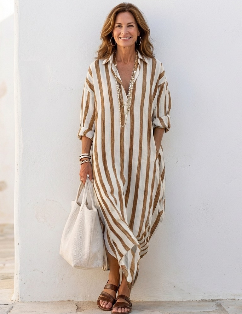 Naomi | Long Sleeve Striped Midi Shirt Dress