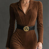 Felicity | Retro Western Style Lapel Faux Suede Slit Midi Dress (Includes belt)