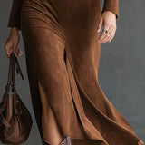 Felicity | Retro Western Style Lapel Faux Suede Slit Midi Dress (Includes belt)