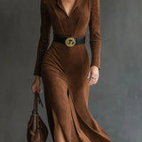 Felicity | Retro Western Style Lapel Faux Suede Slit Midi Dress (Includes belt)