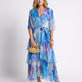Calista | Sheer Layered V Neck Tie Waist Maxi Dress