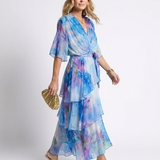 Calista | Sheer Layered V Neck Tie Waist Maxi Dress