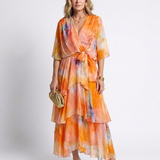 Calista | Sheer Layered V Neck Tie Waist Maxi Dress