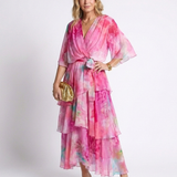 Calista | Sheer Layered V Neck Tie Waist Maxi Dress