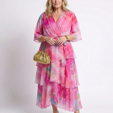 Calista | Sheer Layered V Neck Tie Waist Maxi Dress