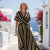 Lina | Short Sleeve V Neck Striped Wrap Midi Dress