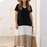 Thalia | Short Sleeve Color Block V Neck Midi Dress